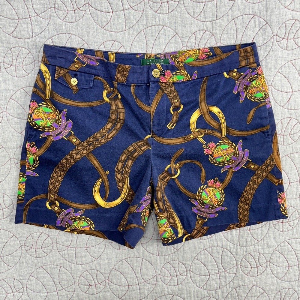 Lauren Ralph Lauren Shorts Navy‎ Blue Equestrian Belt Print / Women's 10